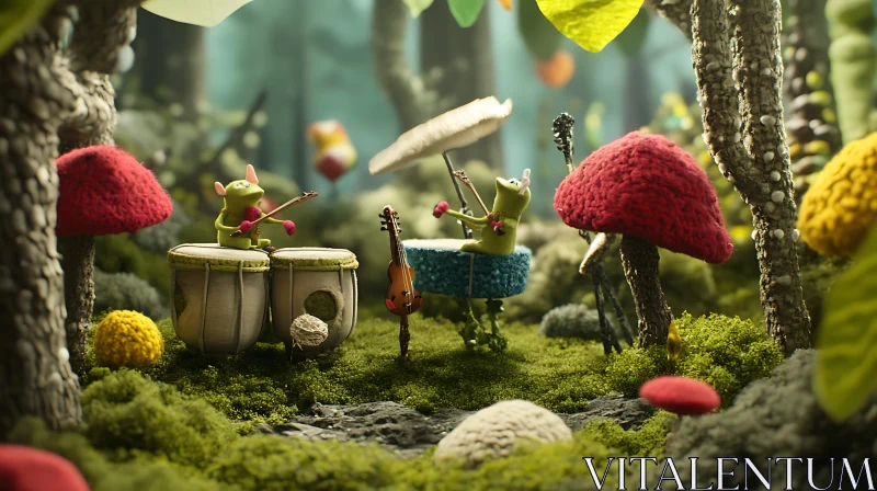 Fantasy Scene with Forest Musicians and Knitted Mushrooms AI Image