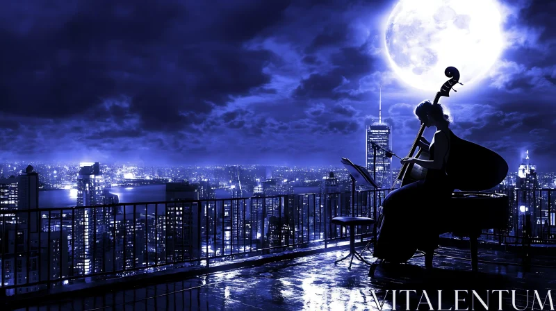 Nocturnal Cello Serenade on Rooftop AI Image