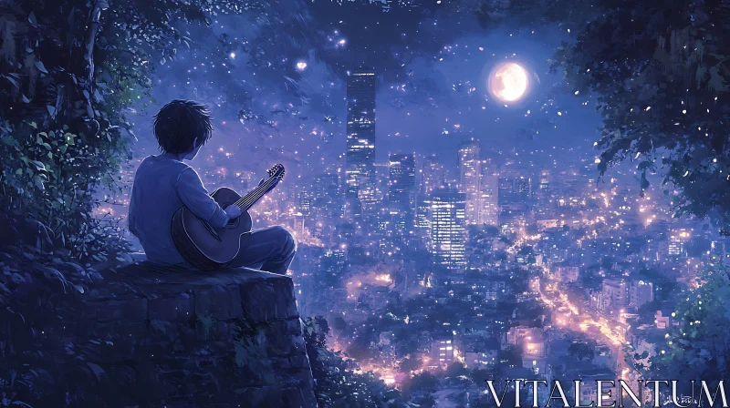 AI ART Guitarist Under Moonlit Sky Overlooking City