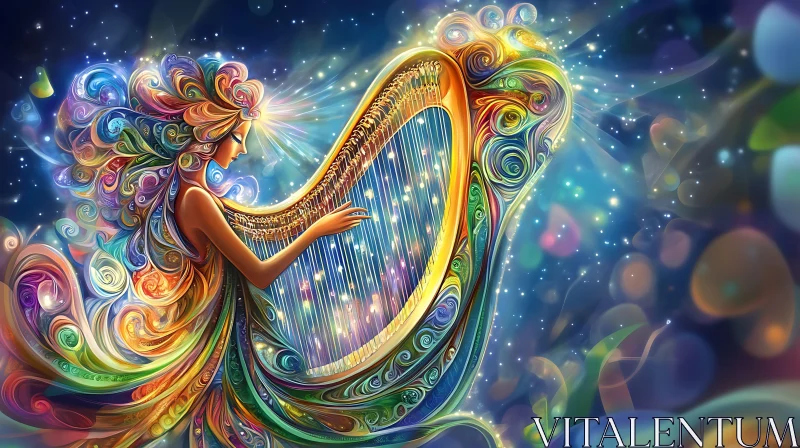 Fantastical Harpist in a Colorful Cosmic Setting AI Image