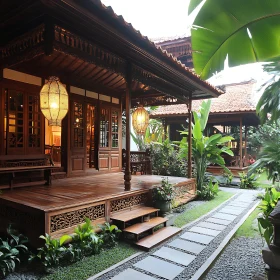 Serene Wooden House with Lanterns and Lush Greenery