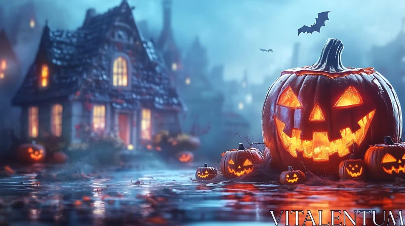 Eerie Halloween Night with Carved Pumpkins and Bats AI Image