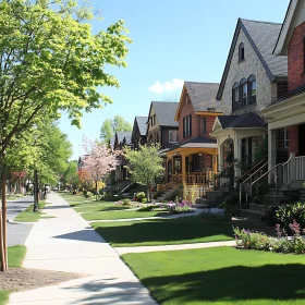 Picturesque Suburban Neighborhood with Green Lawns and Flowering Trees