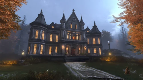 Illuminated Gothic House in Fog