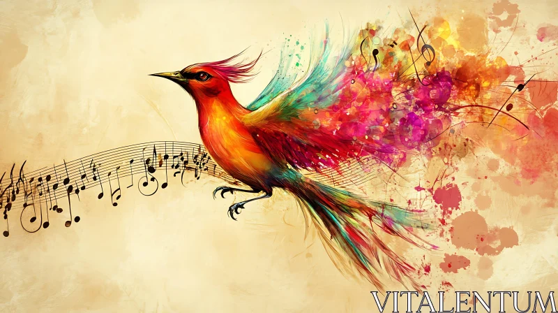 AI ART Colorful Bird in Flight with Music Notes