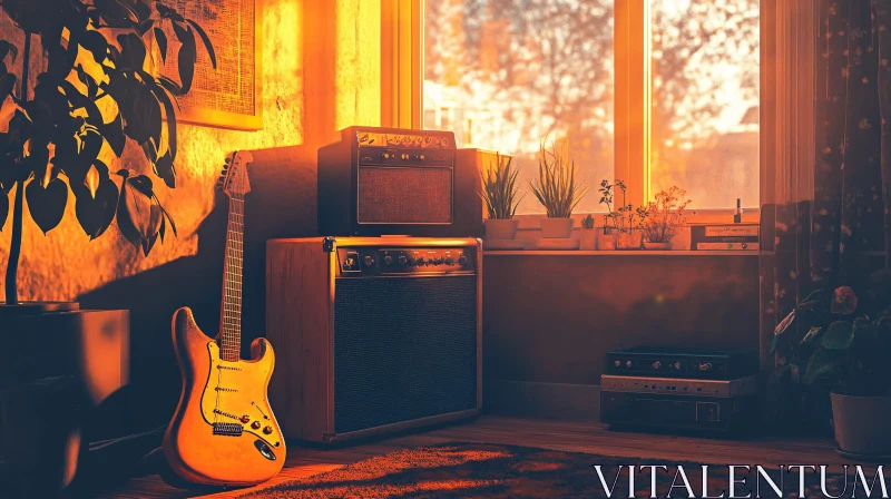 Cozy Interior with Sunlit Guitar AI Image