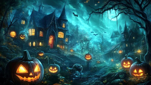 Eerie Halloween Night with Haunted Mansion and Pumpkins