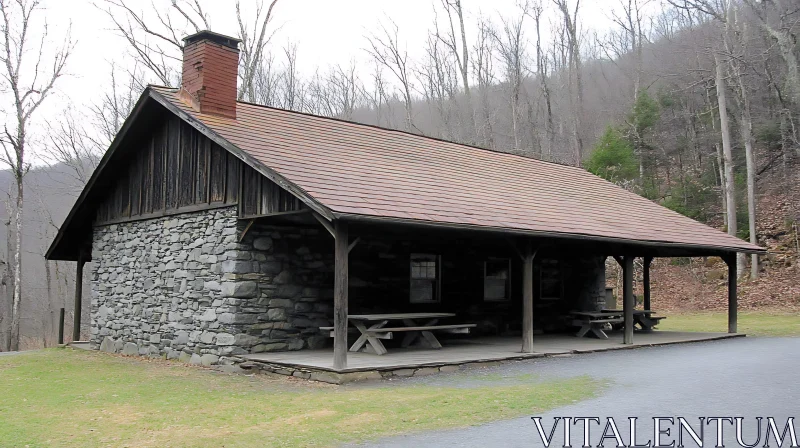 AI ART Rustic Stone Cabin Amidst Leafless Forest