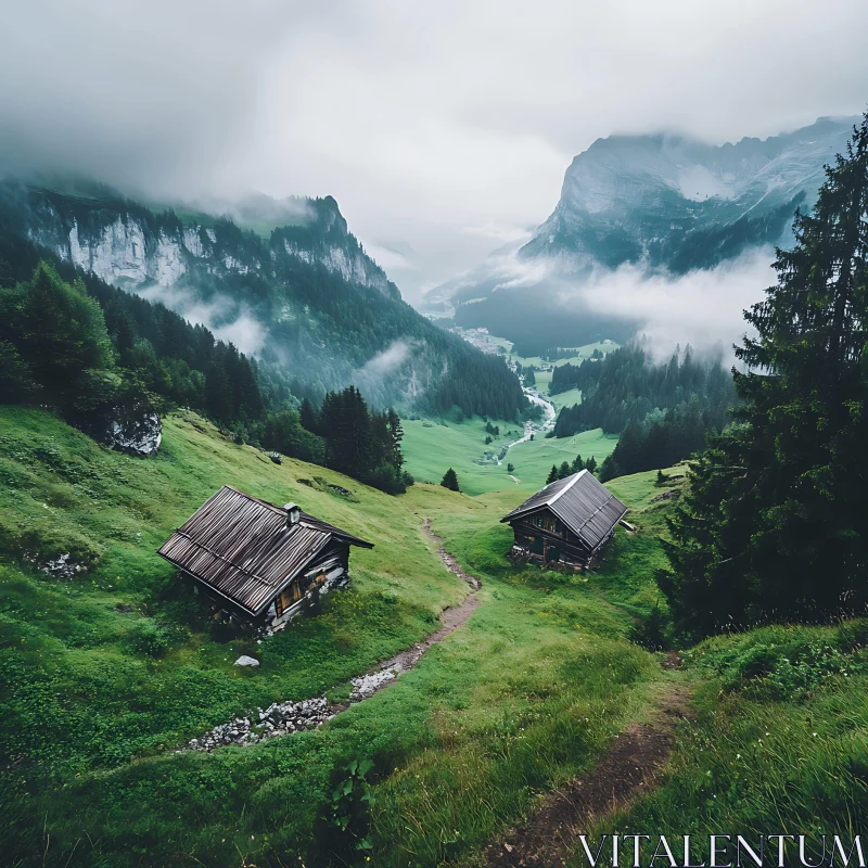 Misty Mountain Retreat with Wooden Cabins AI Image