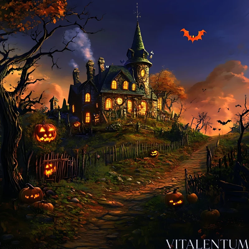 Eerie Halloween House with Glowing Pumpkins AI Image