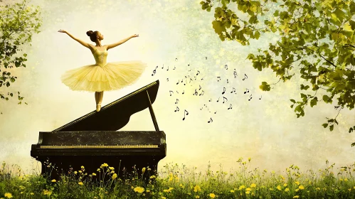 Graceful Ballerina Dancing on Piano in Nature