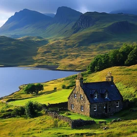 Tranquil Countryside with Stone House and Scenic Mountains