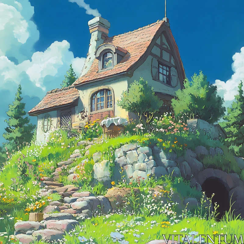 Rustic Cottage on a Flowering Hill AI Image