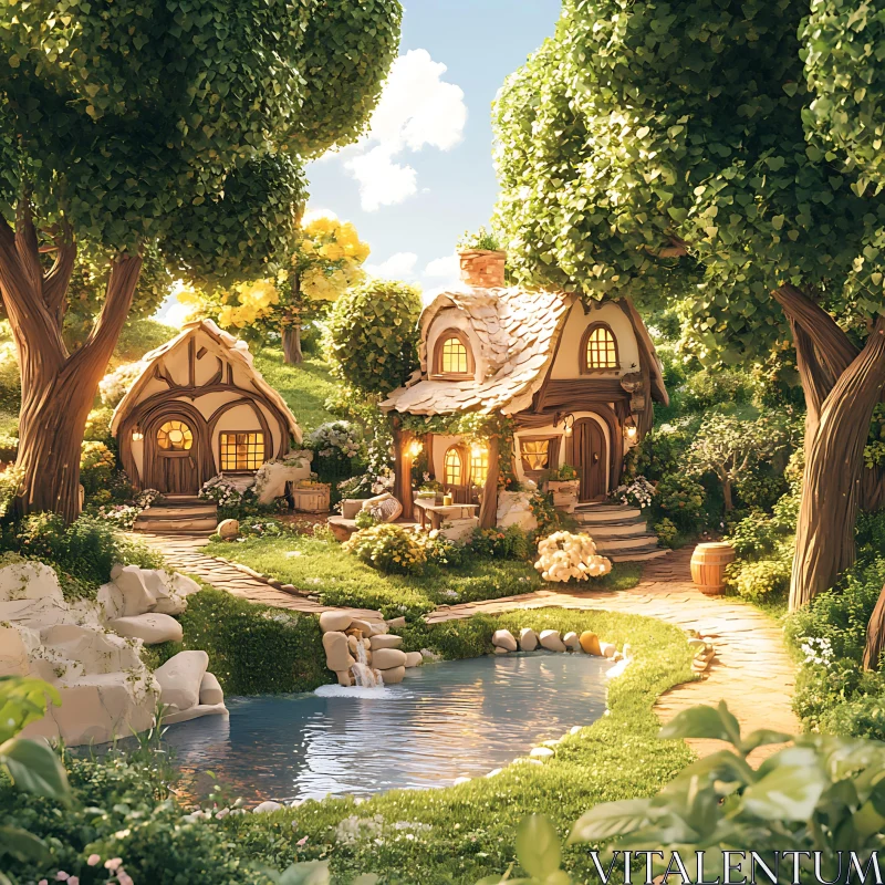 Enchanting Cottage Scene in Verdant Landscape AI Image