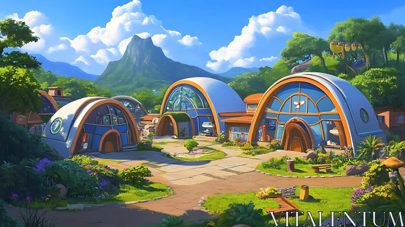 Futuristic Dome Buildings Among Green Hills AI Image