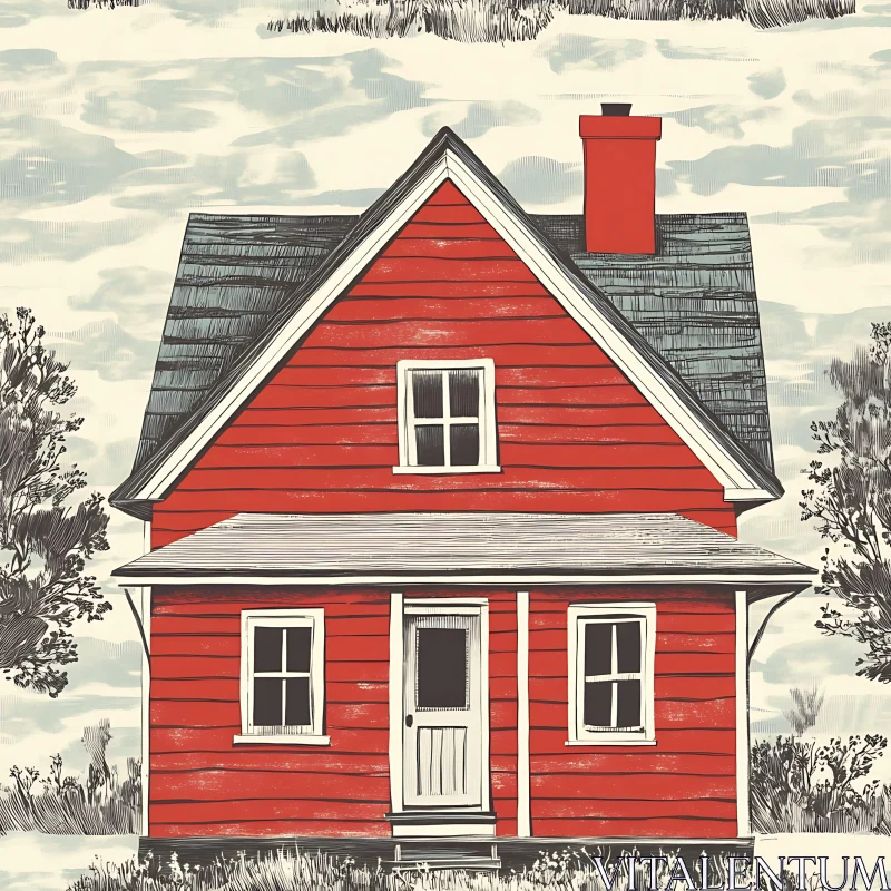 Charming Red House Illustration with Rural Setting AI Image