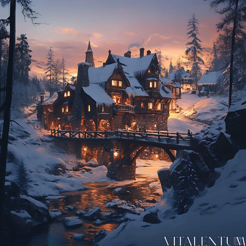 Cozy Illuminated Cottage in Winter Wonderland AI Image