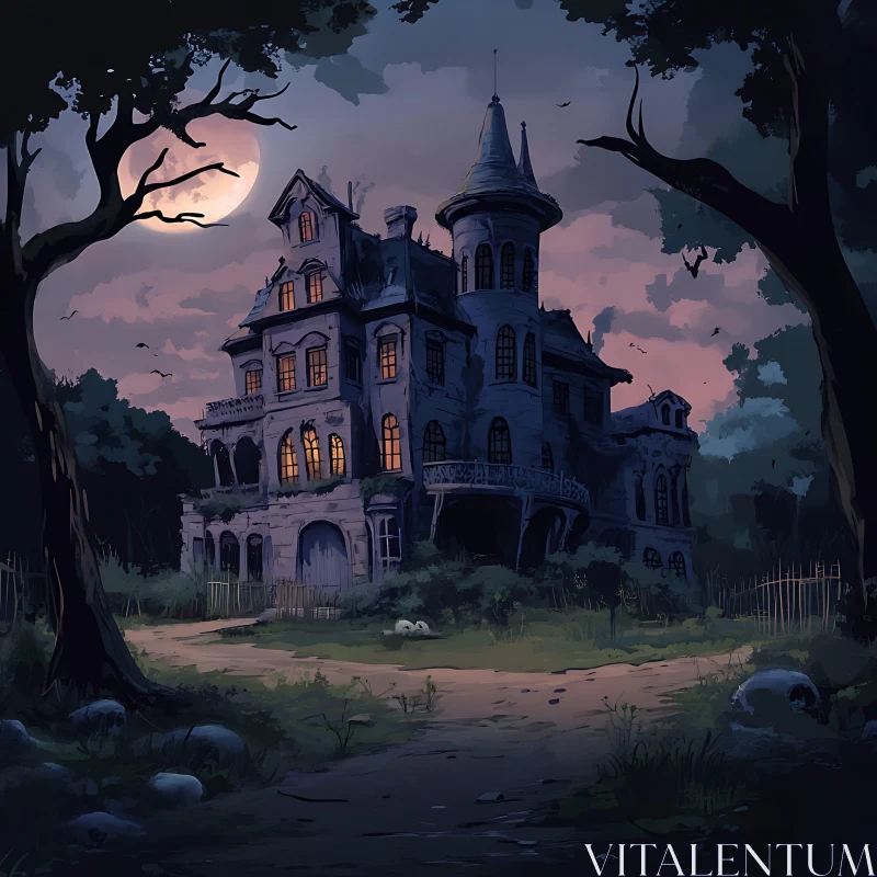 AI ART Spooky Abandoned Mansion in Moonlit Night