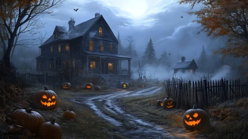 Eerie Halloween Scene with Haunted House and Fog