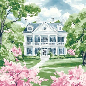 Colonial Mansion with Spring Blossoms