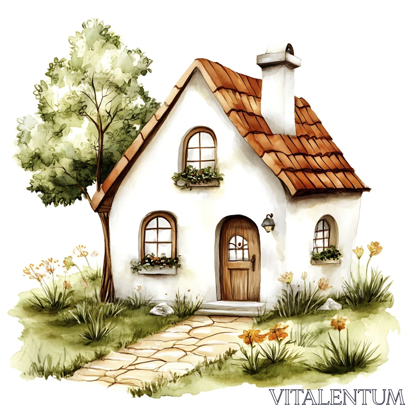 AI ART Quaint Cottage in a Serene Garden Illustration