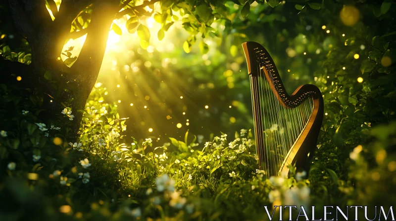 Magical Harp Amidst Nature's Splendor AI Image