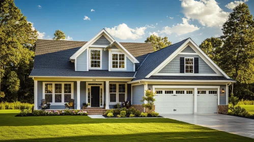 Elegant Blue and White Suburban Home with Two-Car Garage