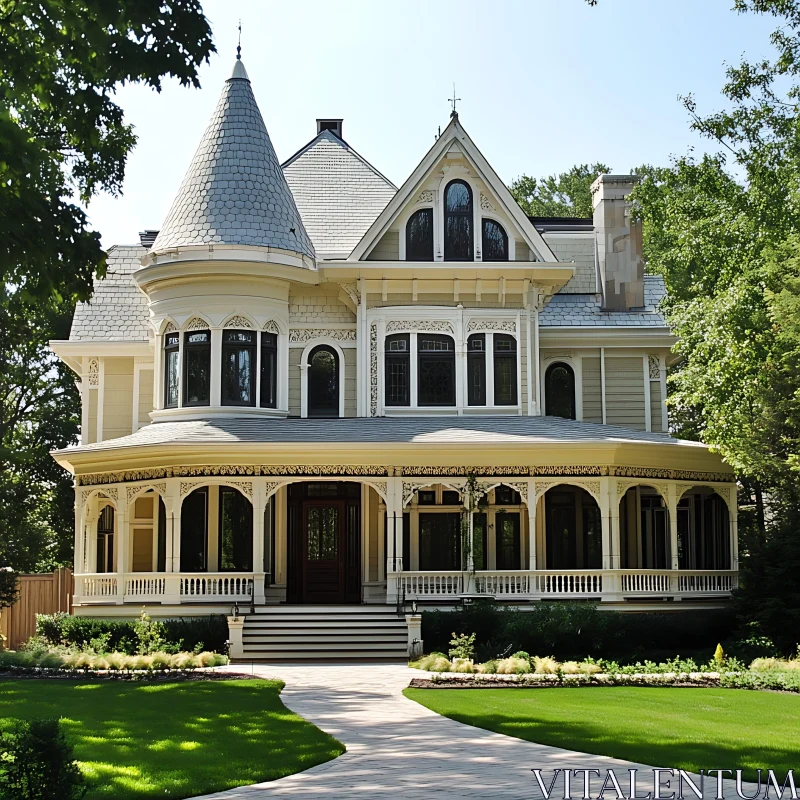 Elegant Victorian House with Grand Porch and Garden AI Image