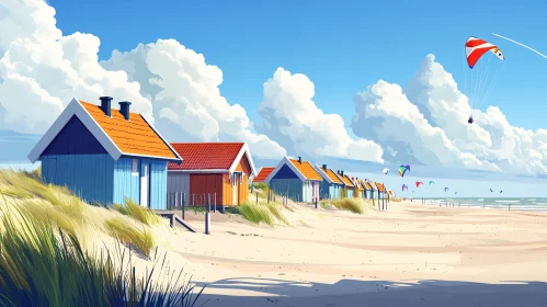 Serene Beach Scene with Beach Huts and Paragliders