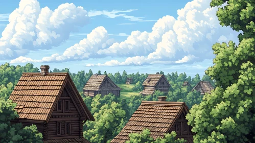 Tranquil Village with Wooden Homes and Verdant Foliage