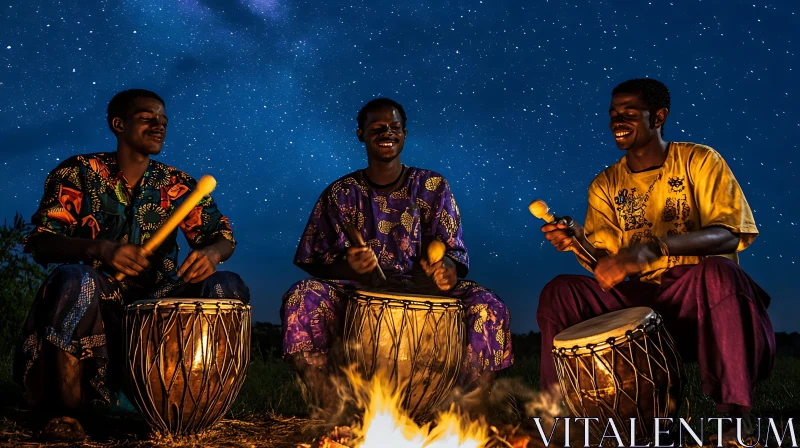 Cultural Drumming by Firelight Under Stars AI Image