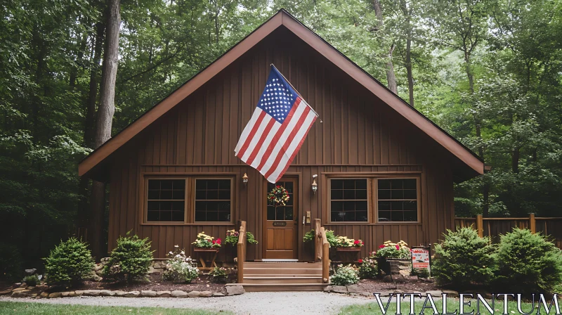 Forested Cabin with Patriotic Display AI Image