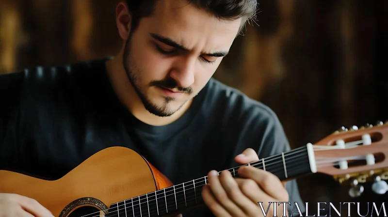 Man Focused on Guitar Playing AI Image