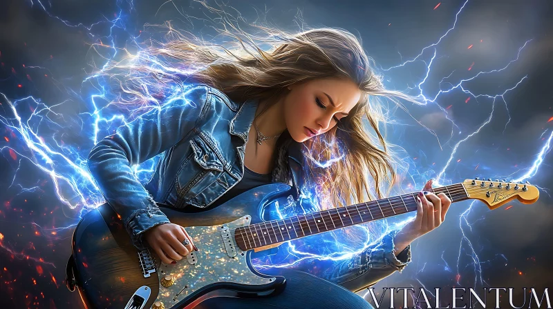 Woman Guitarist Surrounded by Lightning Bolts AI Image