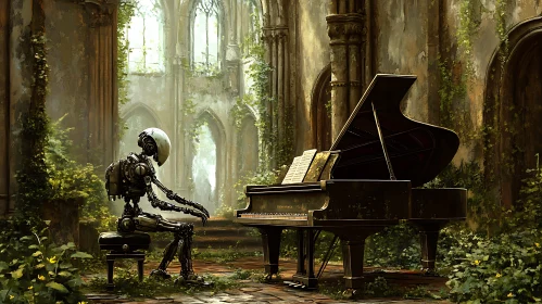 Cyborg Pianist in Overgrown Cathedral