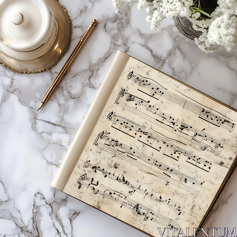 Vintage Musical Score on Marble with Gold Pen AI Image