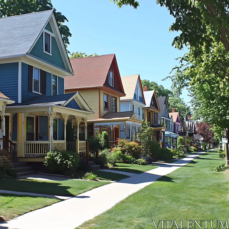 Colorful Victorian Homes on a Tree-Lined Street AI Image