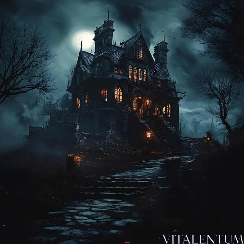 Eerie Mansion Shrouded in Night Fog AI Image