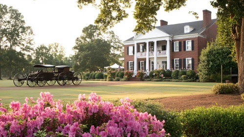 Historic Mansion and Carriages in Blooming Gardens