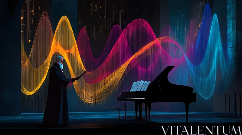 AI ART Abstract Surrealism with a Cloaked Man and Colorful Musical Waves