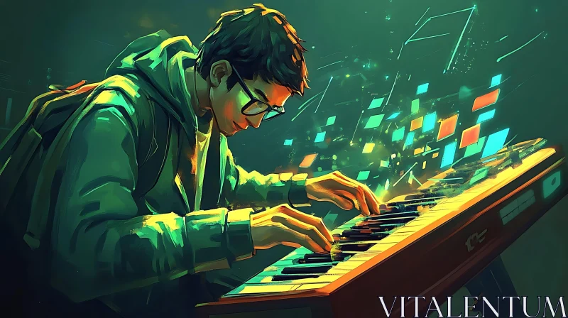 Digital Illustration of a Musician with Holographic Notes AI Image