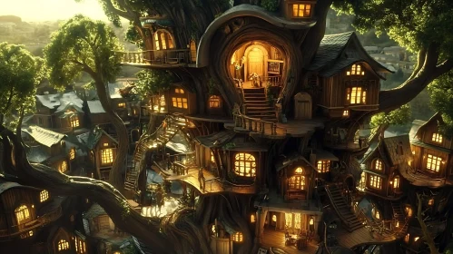 Fantasy Tree Village with Glowing Windows