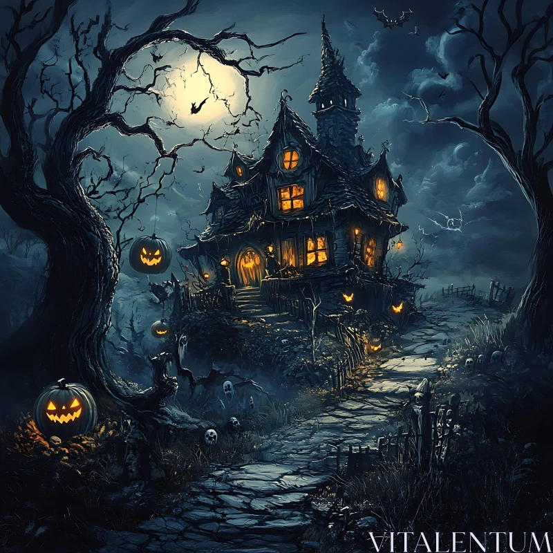 AI ART Spooky Haunted House with Pumpkins and Ghosts