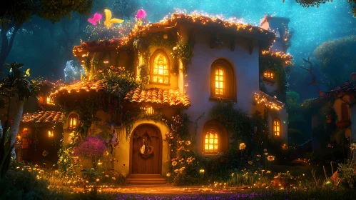 Enchanting Night Scene with Illuminated Cottage