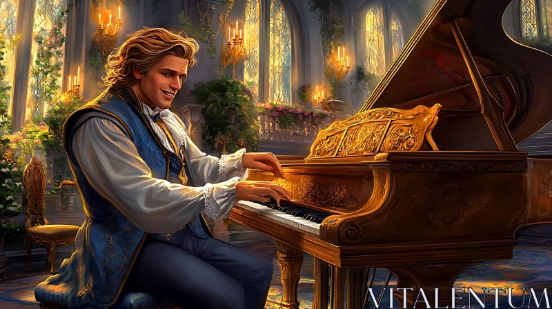 Man in Renaissance Attire Playing Ornate Piano AI Image