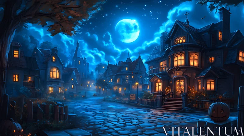 Enchanted Night in a Halloween Village AI Image