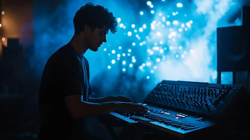 Silhouette of Keyboardist in Studio with Starry Lights