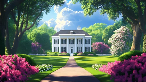 Majestic Mansion Amidst Lush Greenery and Flowers