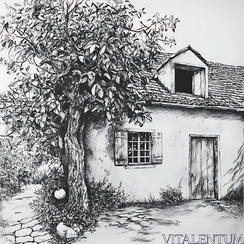 Black and White Cottage Drawing AI Image