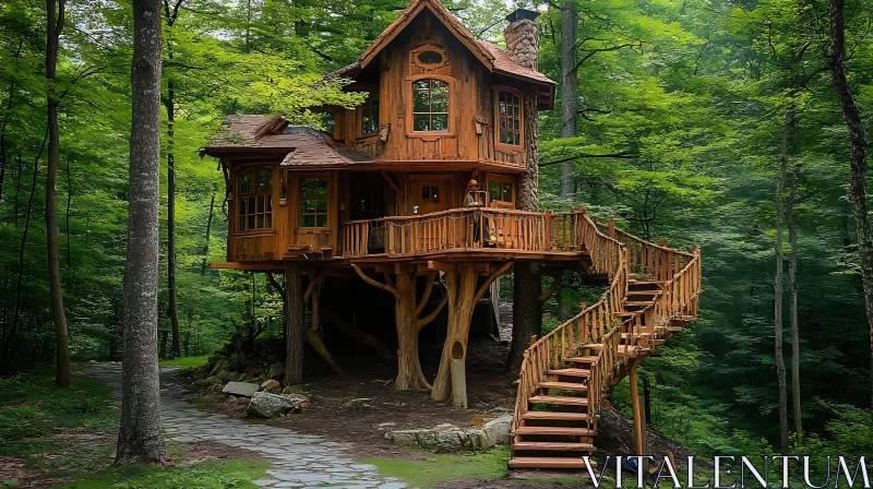 Enchanting Treehouse Amidst Verdant Foliage AI Image